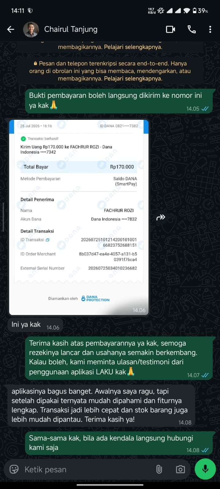 Bukti Chat & Transfer Pelanggan LAKU POS